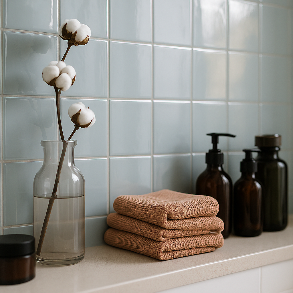 Glossy Light Blue Ceramic Wall Tile - Vivid Smooth Finish - detail view