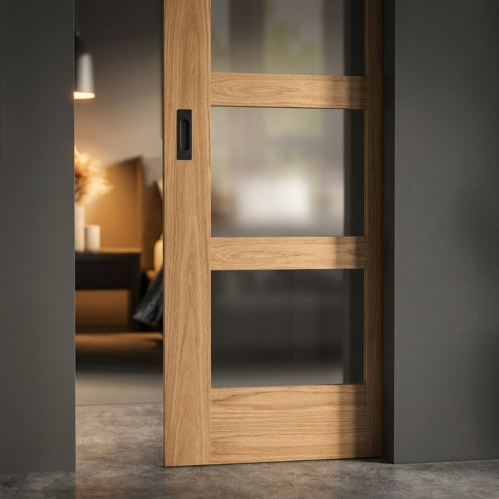Oak Internal Pocket Door Set Unfinished with 4 Light Obscure Glass Frame - detail view
