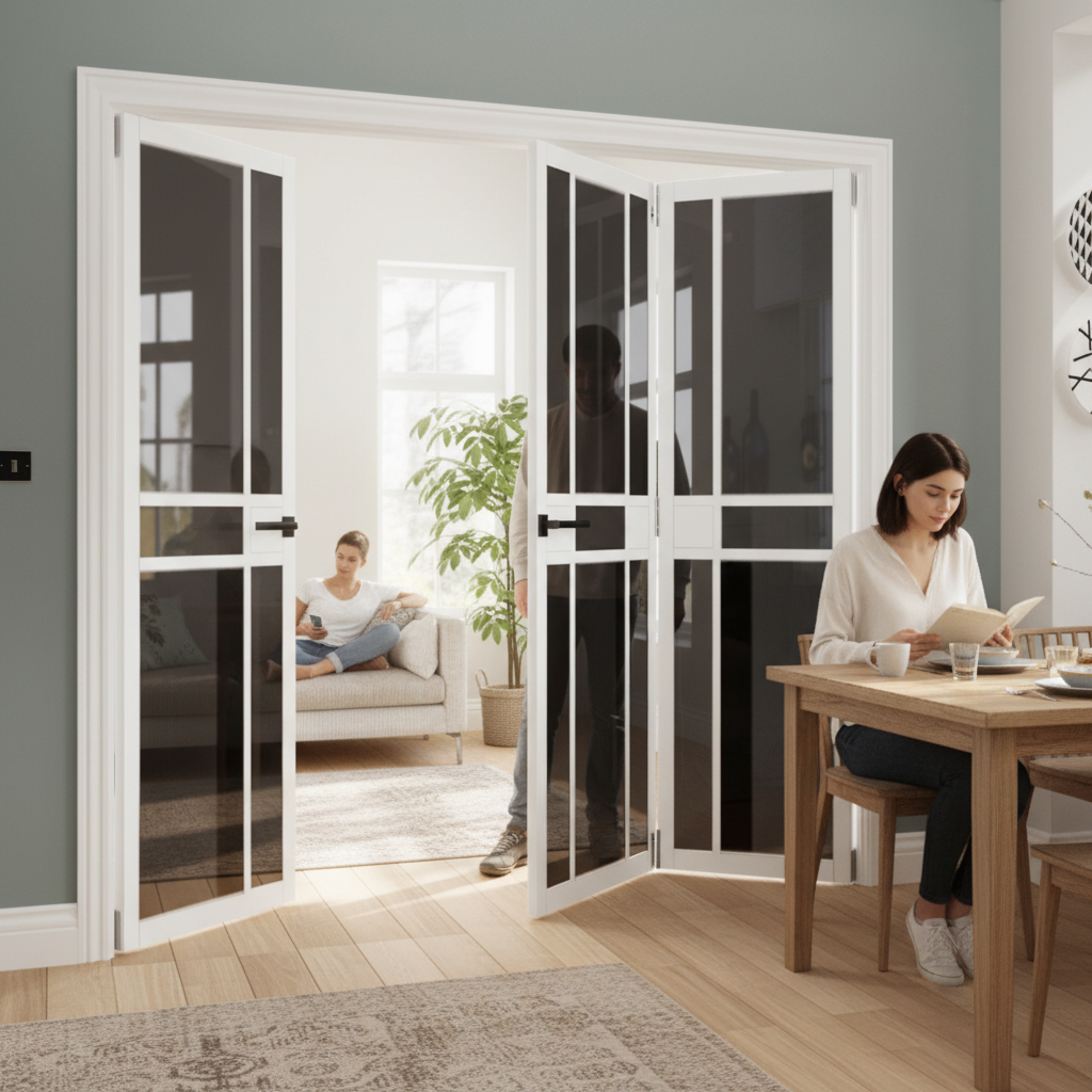 Premium White Tinted Glazed Industrial Style Room Divider with Bi-Folding Doors for Flexible Space Solutions