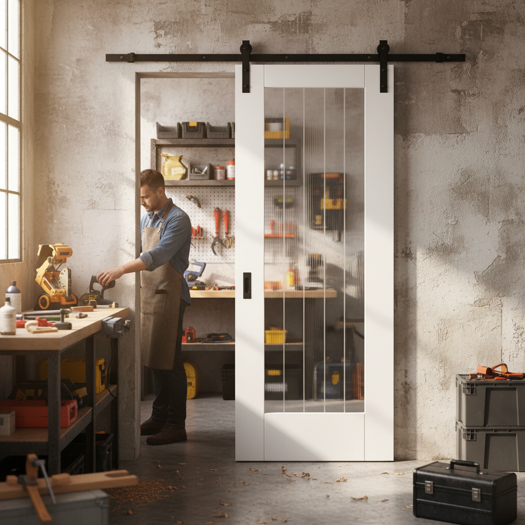 Premium White Internal Primed Cottage Sliding Door with Clear Glass Pane and Black Steel Track for Modern and Rustic Interiors