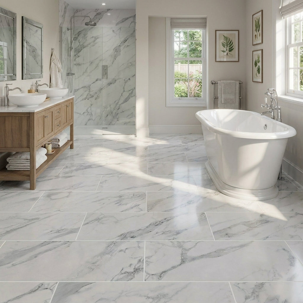 White Gloss Marble Rigid Core LVT Flooring, 5.5mm Thick, Pre-Grouted, UV Coated