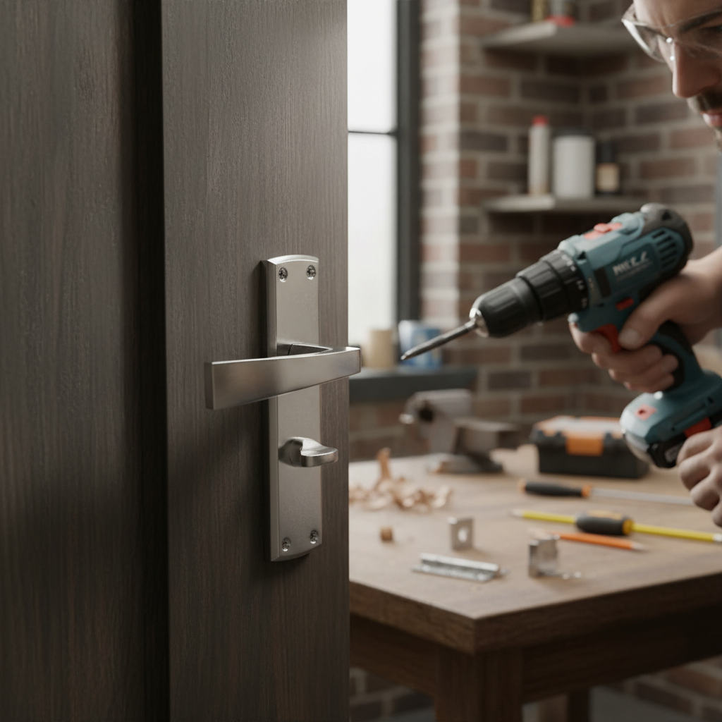 Premium Bathroom Door Handle Set with Polished and Satin Chrome Lever, Privacy Lock, and Matching Hinges for Elegant Decor