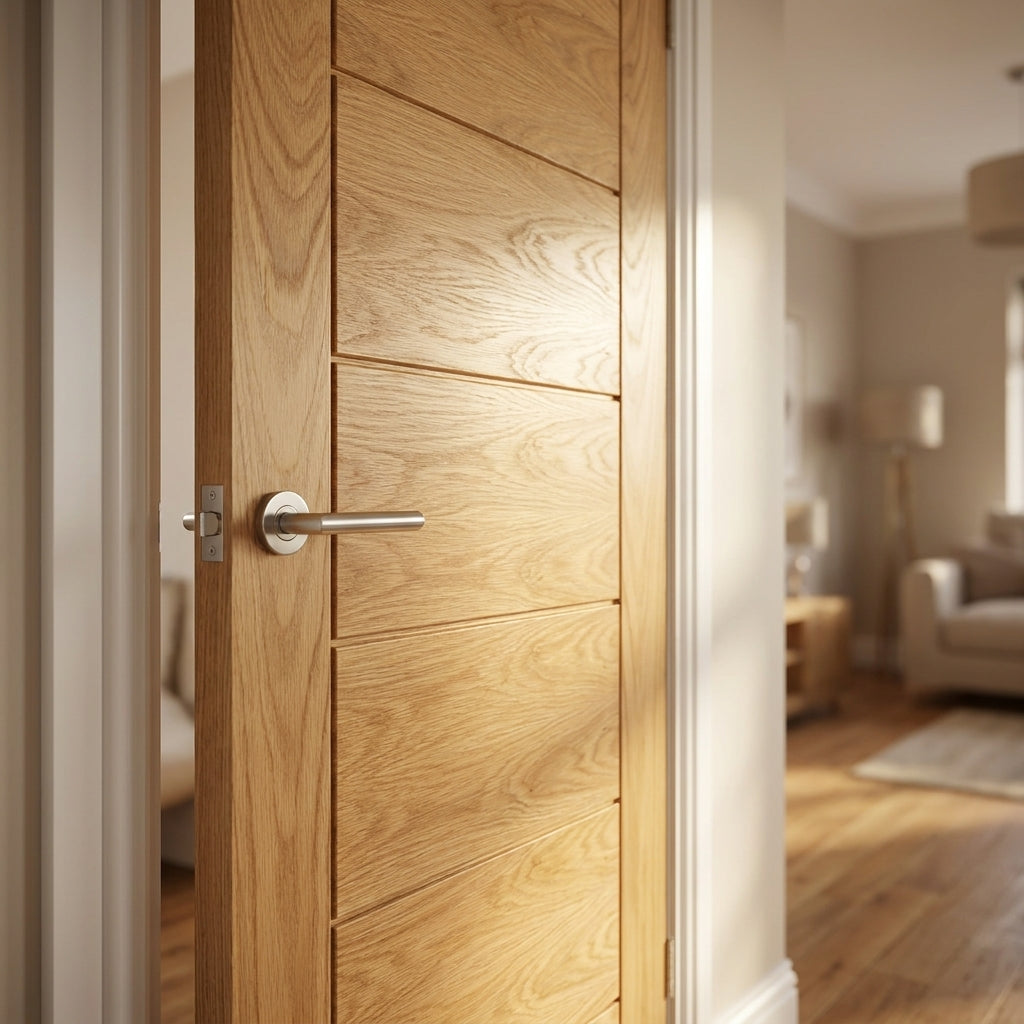 Internal Oak Door Fully Finished Pedrena 7 Panel Design - detail view
