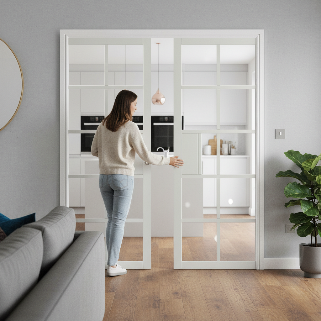 Professional Double Pocket Door Set with Glazed Panels, Heavy Duty Galvanized Steel Frame and Soft Close Options