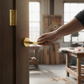 Premium Round Rose Lever Door Handle Set in Satin Brass - Ergonomic Design with Secure Bullet Latch and Smooth Ball Bearing Hinges