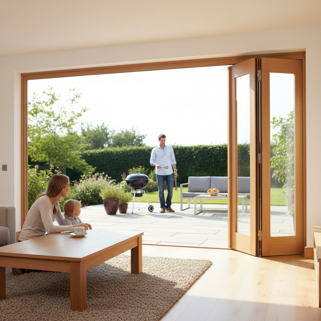 Premium Clear Glazed Bifolding Doorset with Oak Pattern Design - 3 Configurations and 3 Sizes Available