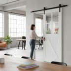 Premium White Primed Barn Sliding Door Set with 4 Light Clear Glass Panels for Rustic Home Aesthetics and Space Efficiency