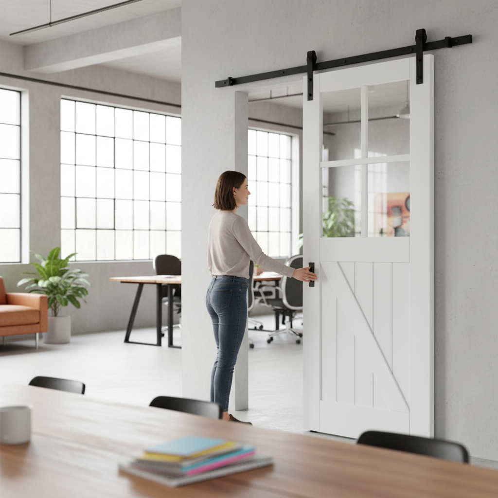 Premium White Primed Barn Sliding Door Set with 4 Light Clear Glass Panels for Rustic Home Aesthetics and Space Efficiency