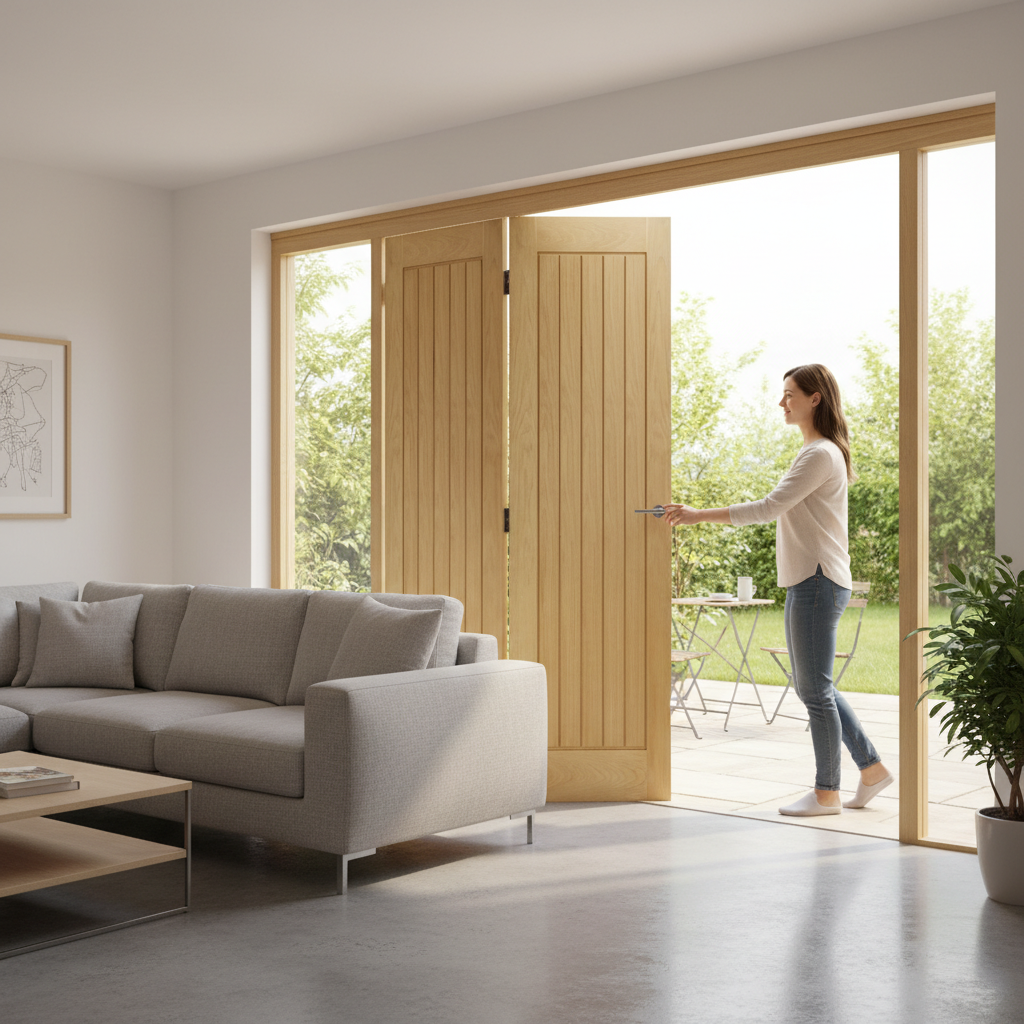 Premium Bifolding Doorset with Unfinished Oak Frame and Multiple Configurations for Seamless Room Transitions