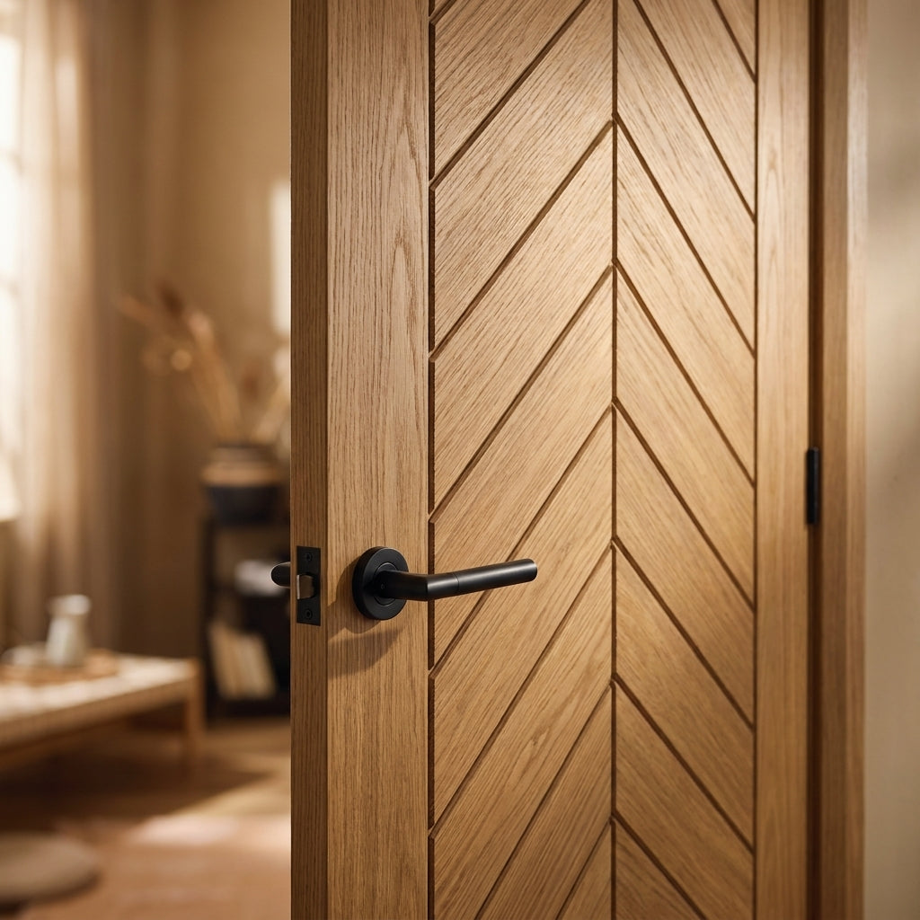 Internal Oak FD30 Fire Door Fully Finished Solid Core Chevron Design - detail view