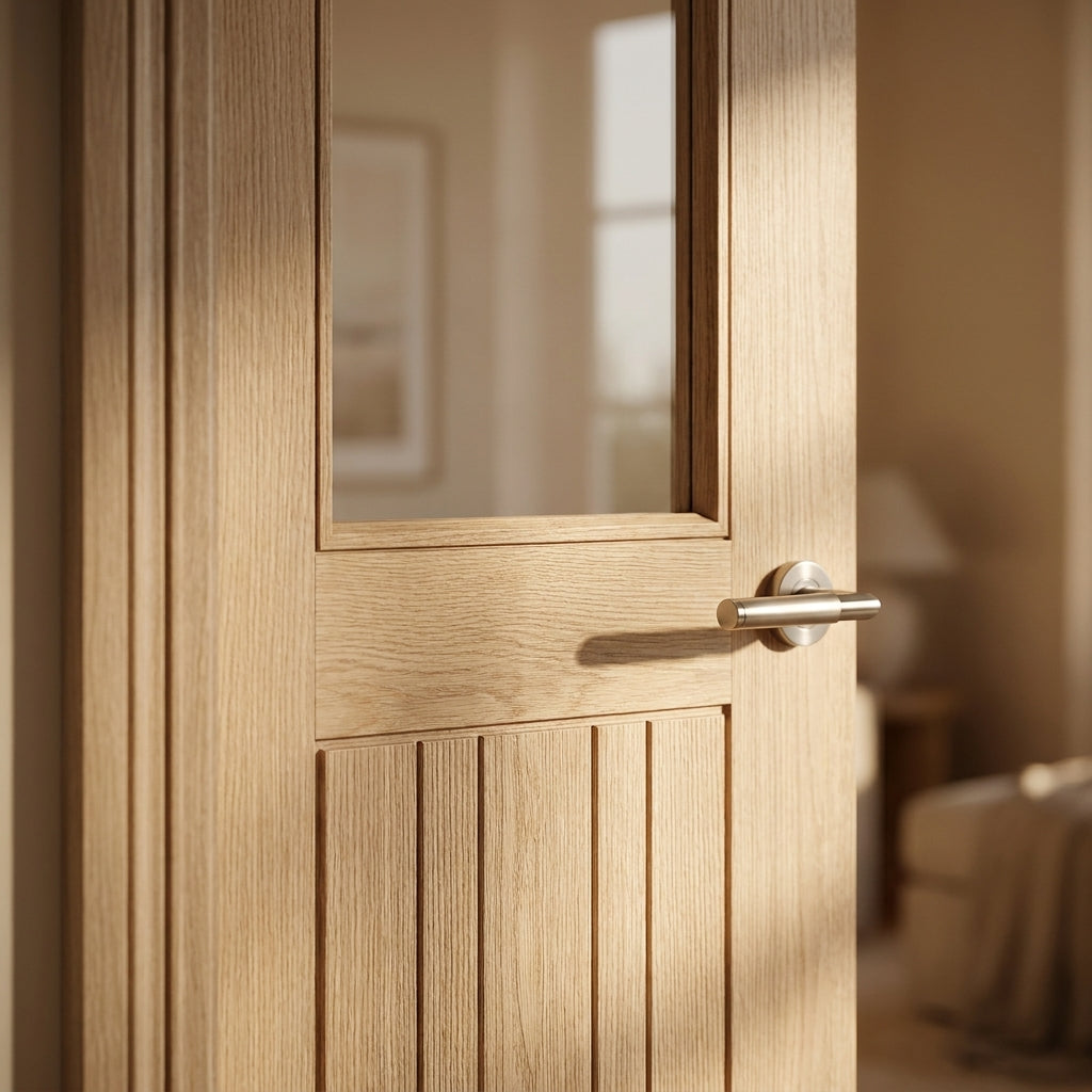 Ivory Fully Finished Internal Door with Clear Glass, Hollow Core, Farley Design - detail view