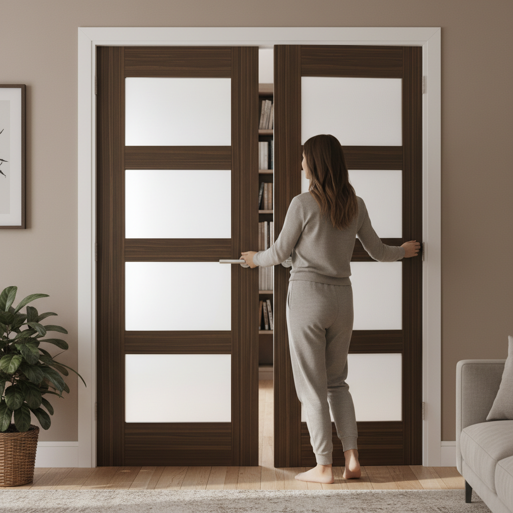 Premium Walnut Frosted Glazed Door Pair with Solid Core and Obscure Glass Panels