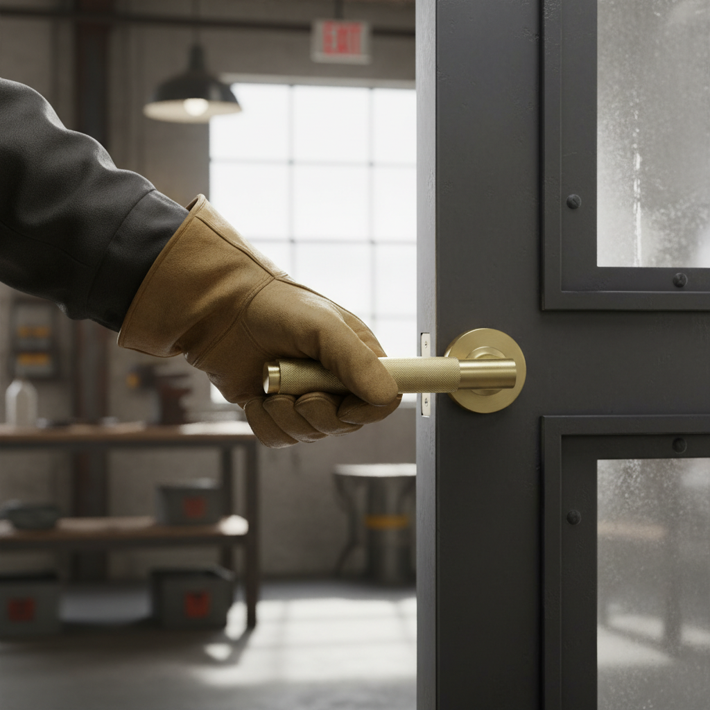 Premium Satin Brass Knurled Lever on Rose with Concealed Fixing for Fire Rated Doors and 25 Year Guarantee