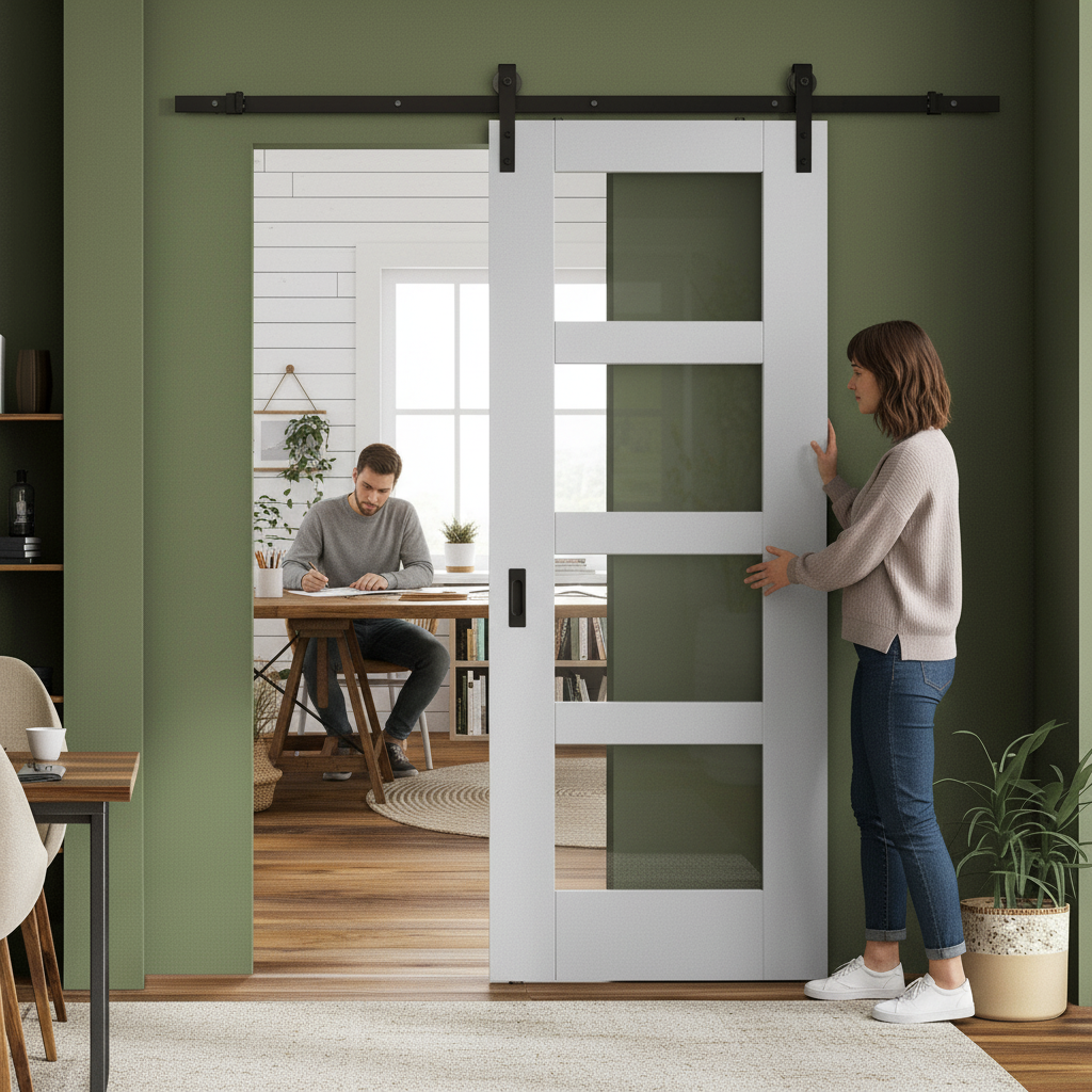 White Internal Primed Shaker 4 Light Clear Glass Sliding Door with Black Top Mount Kit for Modern Interiors - Image 2