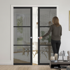 Premium Tinted Glazed Double Pocket Door Set with Galvanized Steel Frame and Comprehensive Timber Lining Kit