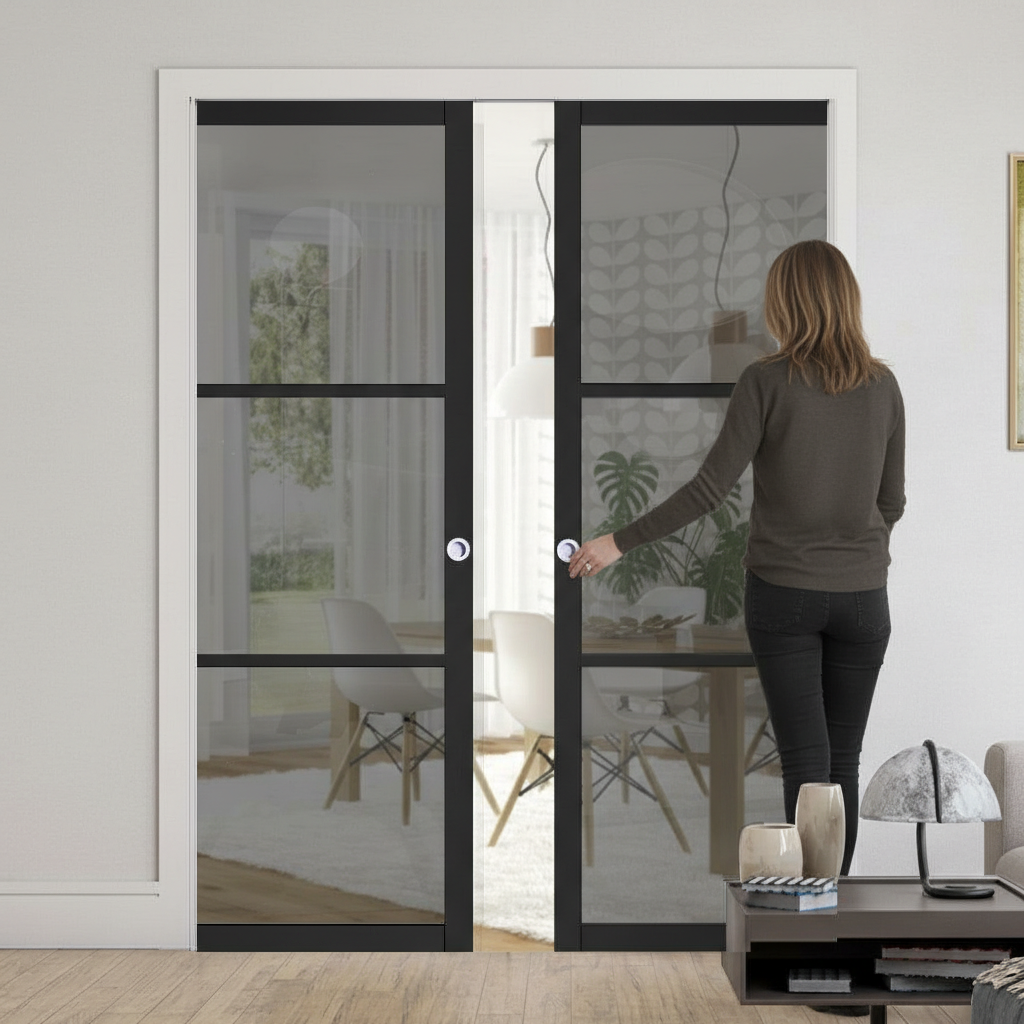 Premium Tinted Glazed Double Pocket Door Set with Galvanized Steel Frame and Comprehensive Timber Lining Kit