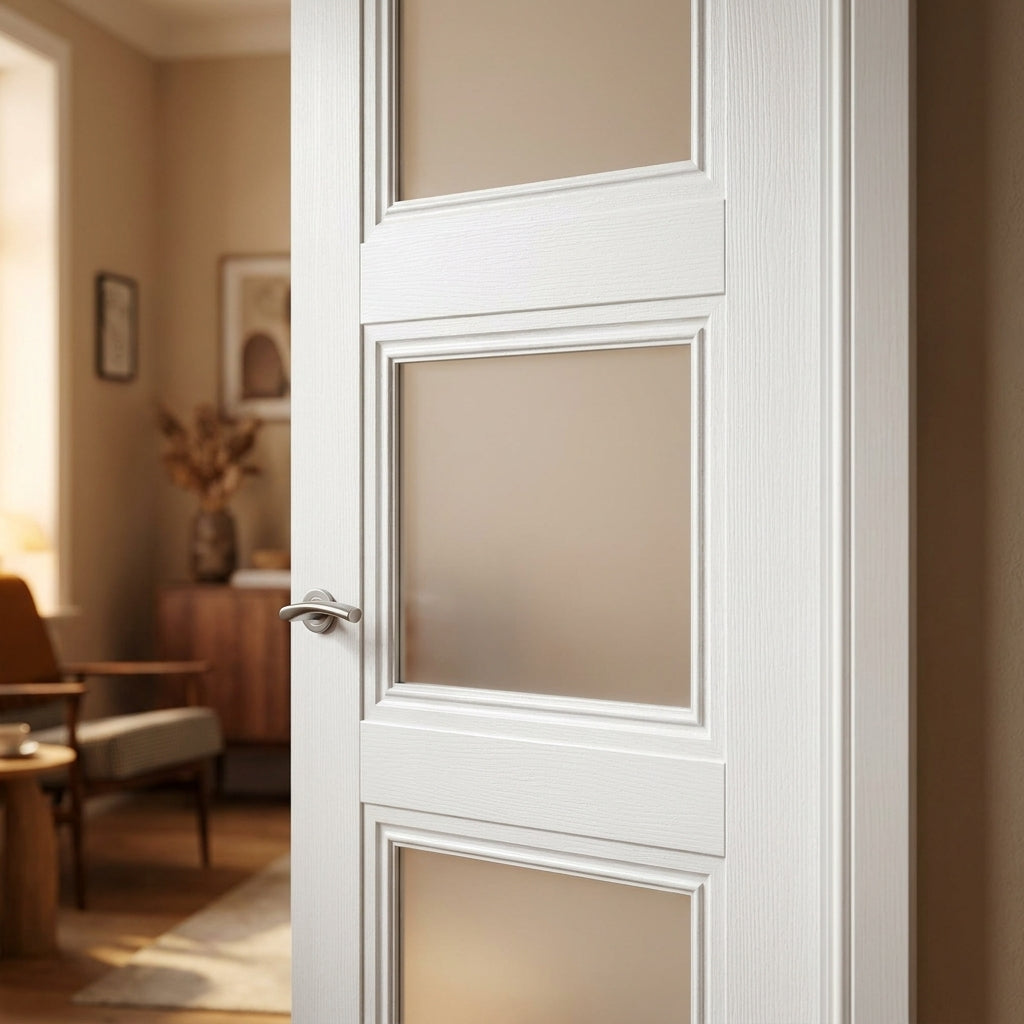 Made-to-Measure White Internal Door with 3 Light Obscure Glass, Primed Finish - detail view