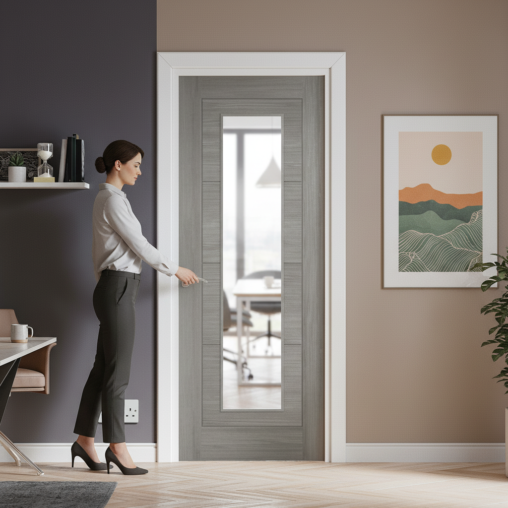 Premium Light Grey Internal Fully Finished Laminate Ladder Clear Glass Door with Lifetime Guarantee