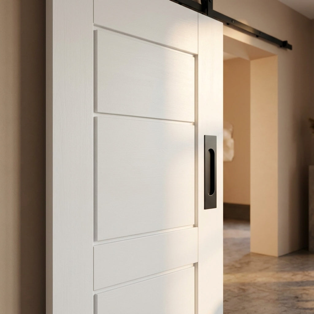 Internal White Sliding Ladder Door with Black Top Mount and Moulded Finish - detail view