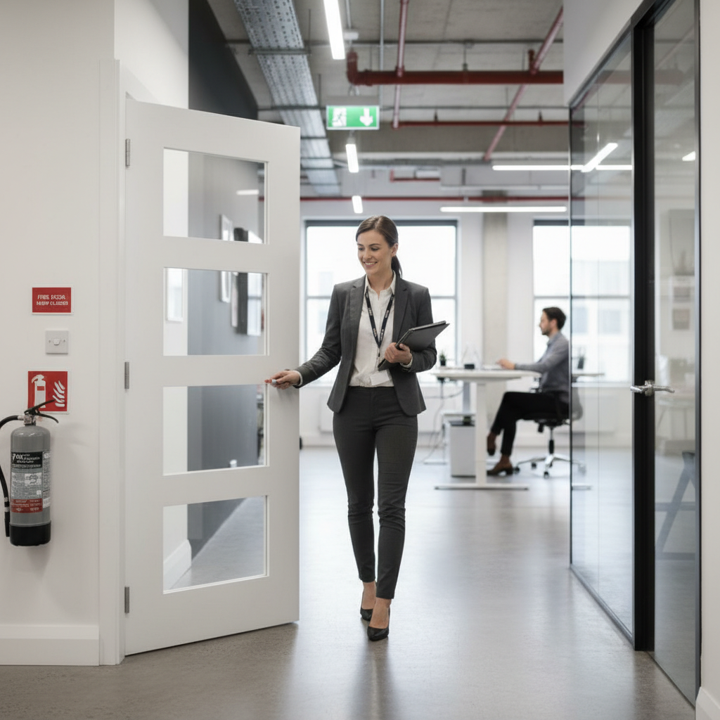 Premium Clear Glazed 4 Light Fire Door - White Primed, Contemporary Design with Toughened Glass Panels