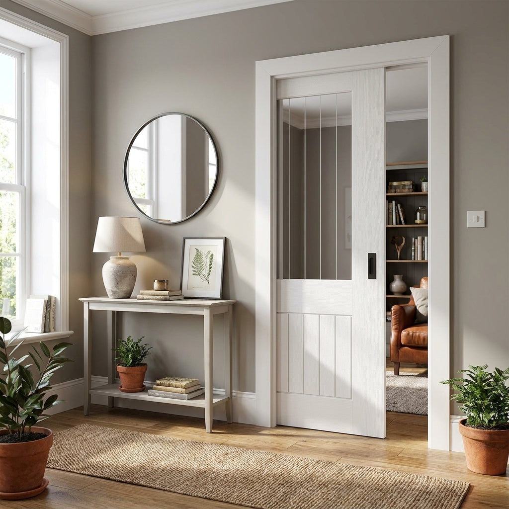 Internal Pocket Door Set, White Primed, 1 Light Etched Clear Glass, 100mm