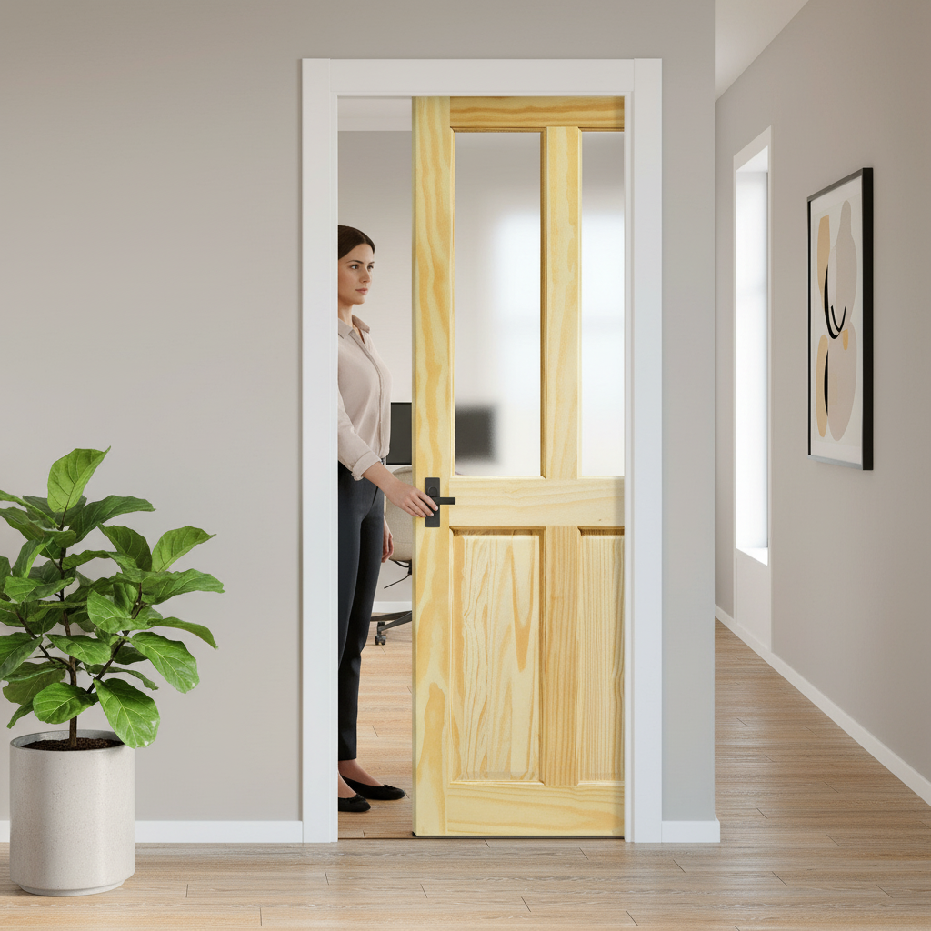 Premium Clear Pine Unfinished Internal Pocket Door Set with 2 Panel 2 Light Obscure Glass for Space-Saving Elegance - Image 2