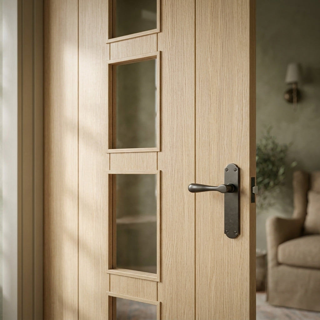 Internal Oak Laminate Door - Fully Finished with 4 Light Clear Glass - detail view