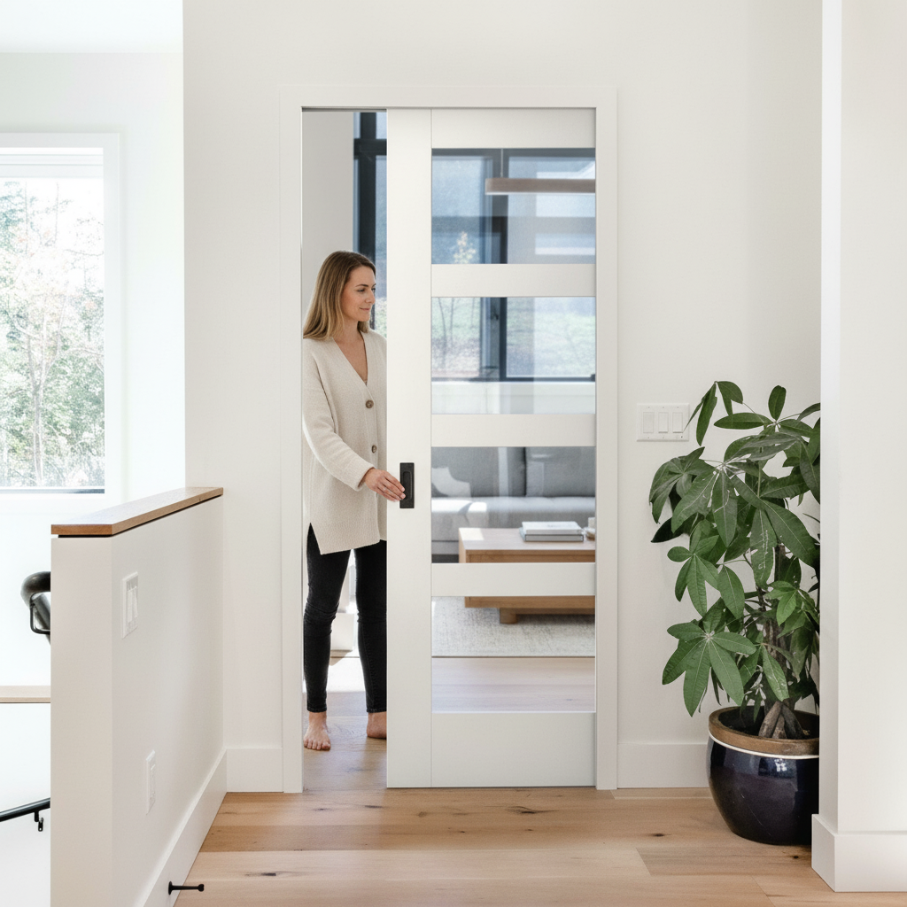 Premium Internal Shaker 4 Light Pocket Door Set with Clear Glass Panels for Space Optimization