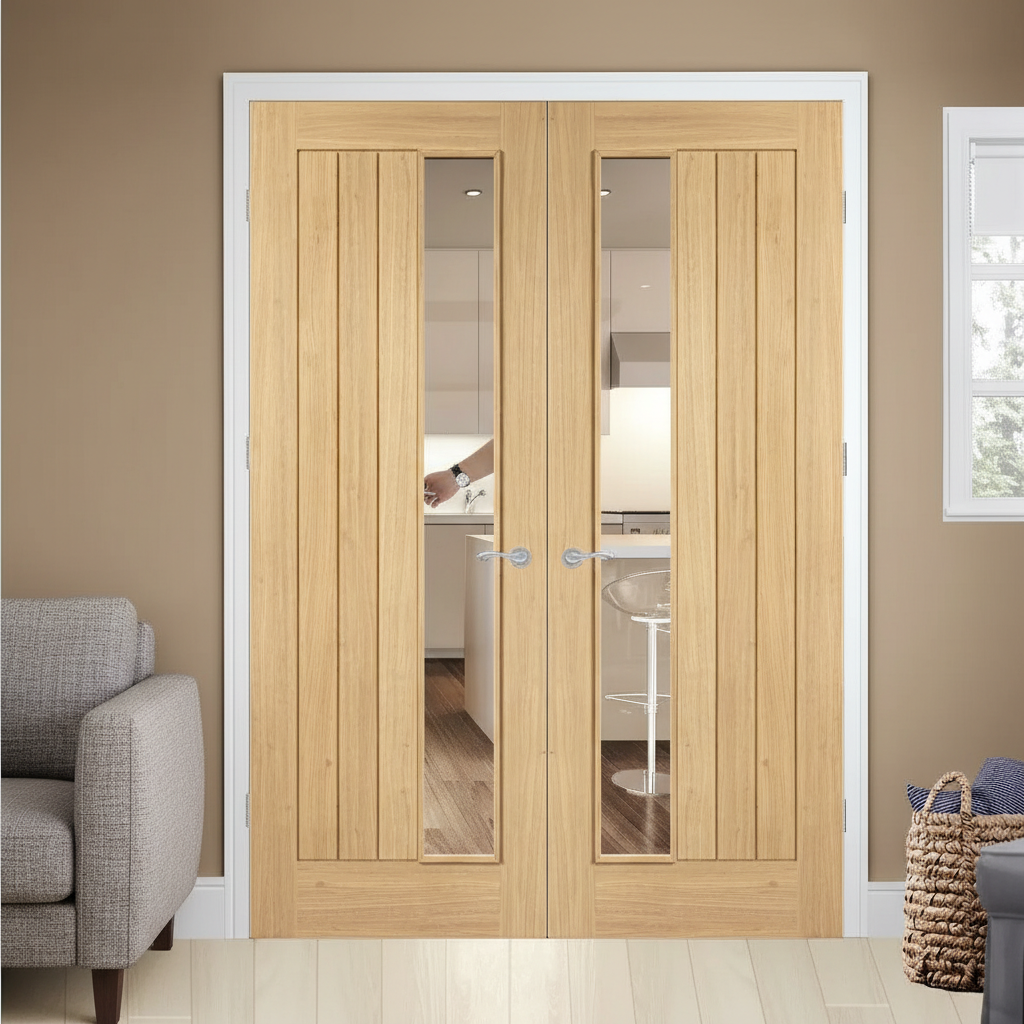 Premium Clear Offset Glazed Door Pair with Flat Panels and Raised Mouldings for Contemporary Elegance