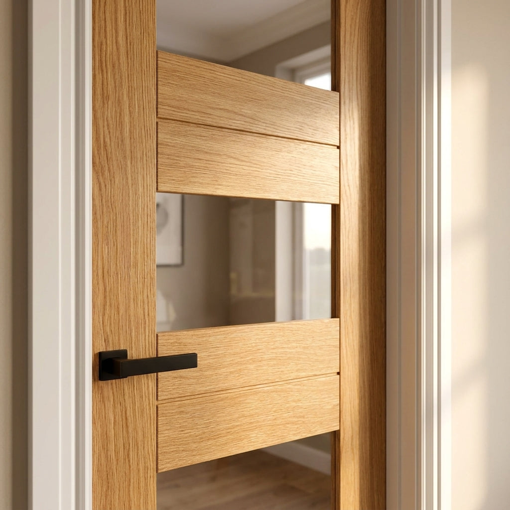 Internal Oak Door Made-to-Measure, Fully Finished, Edison 7 Panel, 3 Light Clear Glass - detail view