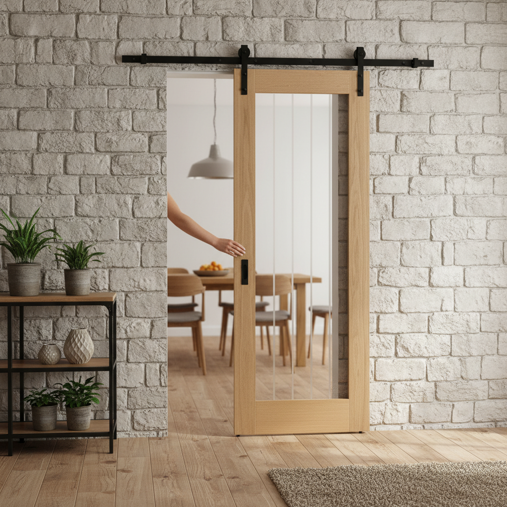 Premium Internal Oak Unfinished Sliding Door Set with Clear Glass Panel for Contemporary Design and Space Efficiency
