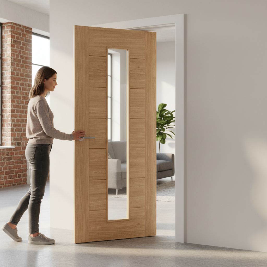 Premium Clear Glazed Oak Long Light Door with Raised Mouldings, Minimalist Design, Engineered Construction for Durability