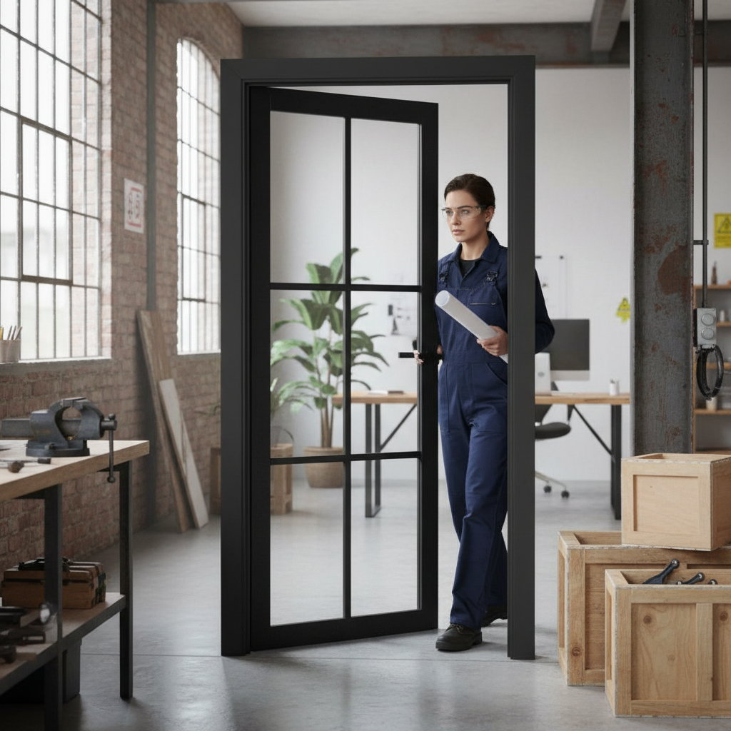 Premium Industrial Studio Made-to-Measure Door with Clear Glass Panes and Jet Black Finish for Custom Interiors