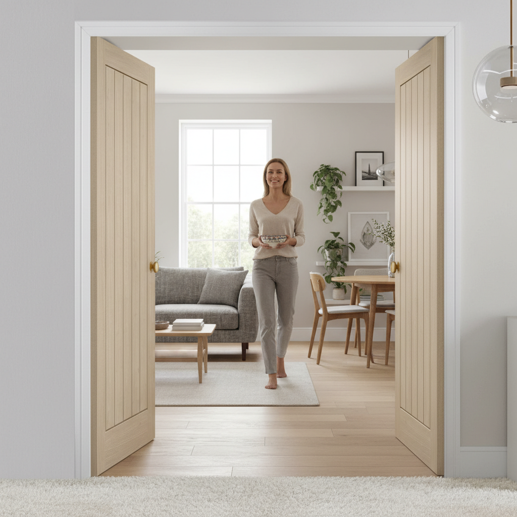 Premium Double Pocket Door System with Blonde Oak Finish, Top Hung Frame and Adjustable Protrusion Options