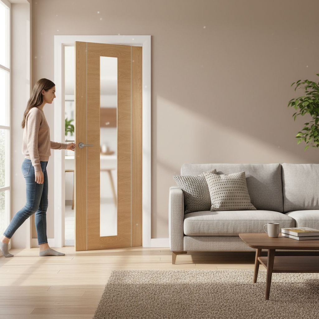Premium Fully Finished Clear Glazed Oak Internal Door with Decorative Aluminium Inserts and Safety Glass Panel