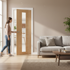 Premium Fully Finished Clear Glazed Oak Internal Door with Decorative Aluminium Inserts and Safety Glass Panel