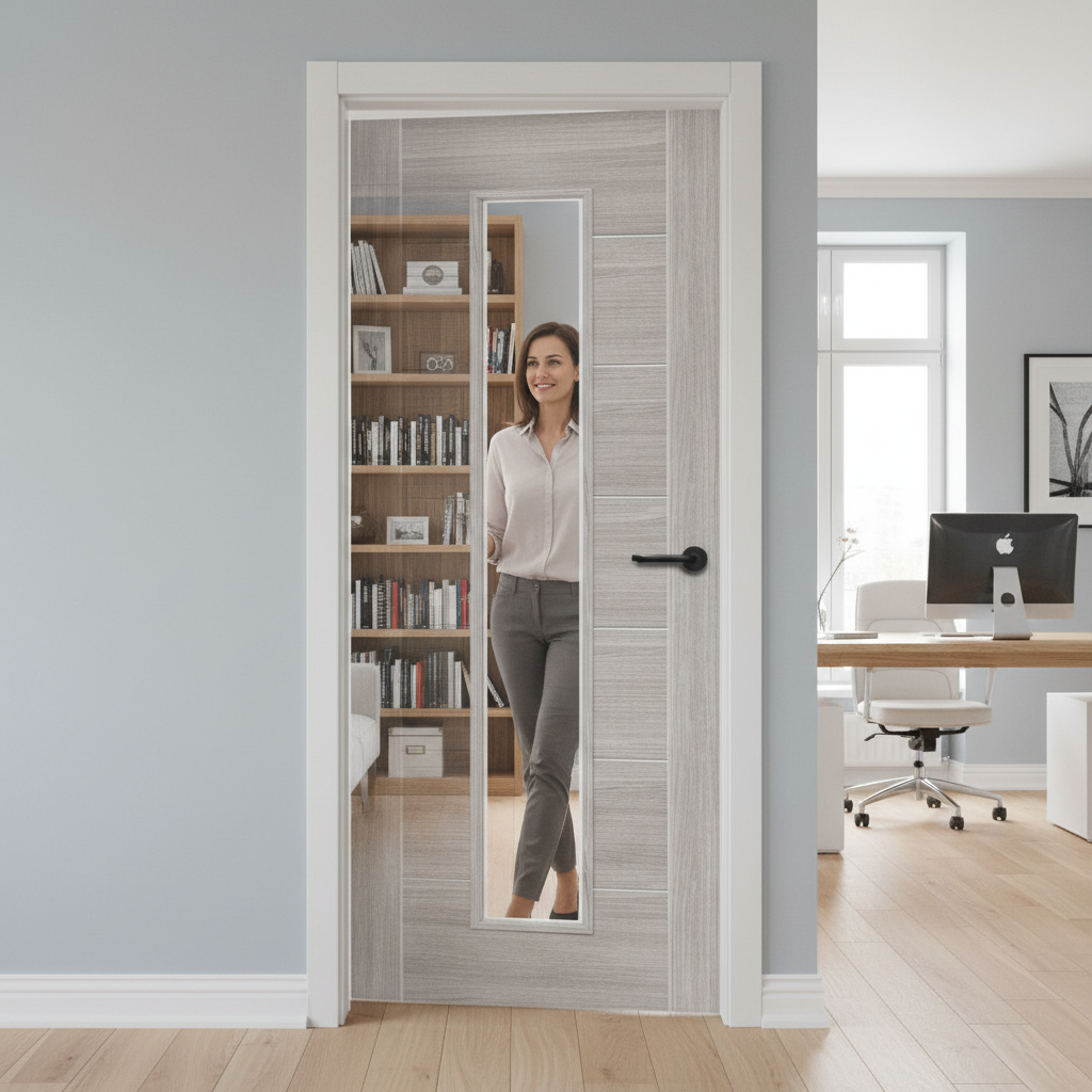Premium White Grey Laminate Interior Door with Clear Glass Pane, Textured Finish and Semi-Solid Construction