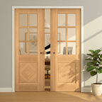 Professional Clear Glazed Double Pocket Door Set with Diamond Match Veneers and Galvanised Steel Frame for Elegant Interior Design