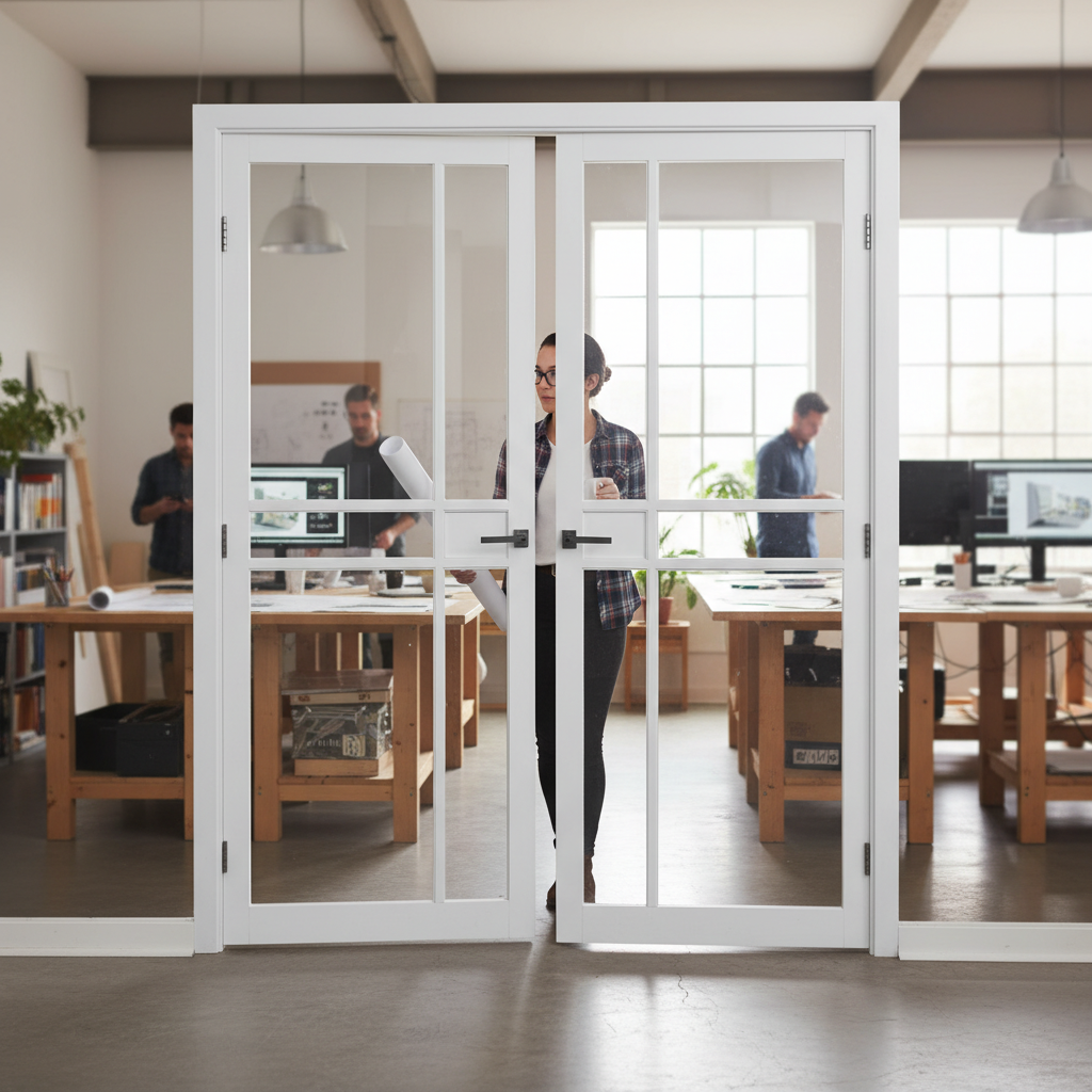 Premium Clear Glazed Industrial Style Door Pair, Solid Core, White Primed Finish with Pocket Door Compatibility