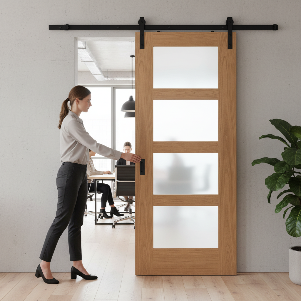 Premium Internal Unfinished Shaker Sliding Door Set with 4 Light Obscure Glass Panes and Steel Black Track - Image 2