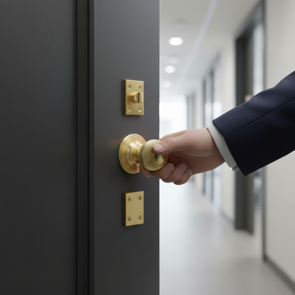 Premium Round Reeded Mortice Fire Door Knob Set with Polished Brass Finish, Fire-Rated Hinges, and Durable Tubular Latch - Image 2