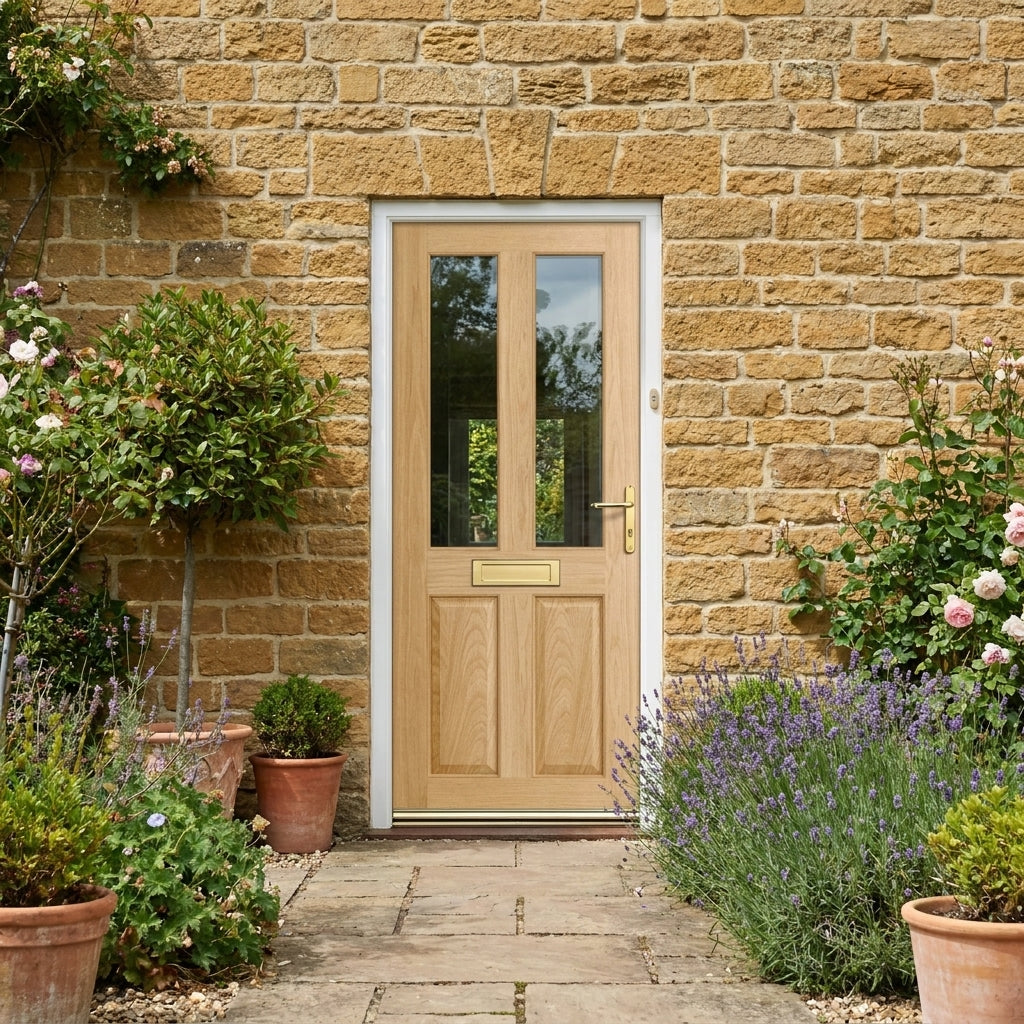 External Oak Door Unfinished 2 Panel 2 Light with Clear Glass