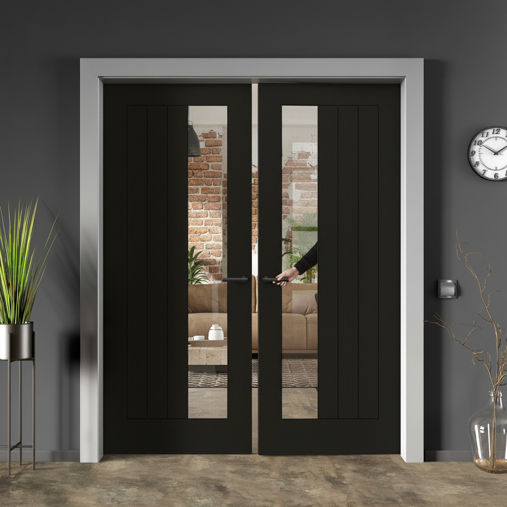 Premium Fully Finished Oak Pair Door with Offset Clear Glass Pane - 35mm Thickness for Modern Interiors