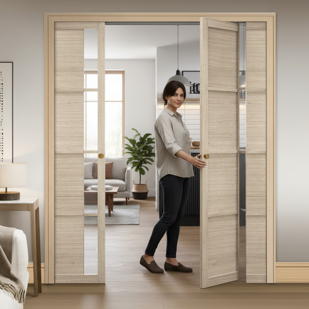 Professional 4 Panel Glazed Double Pocket Door System with Industrial Frame, Adjustable Jambs, and Maintenance-Free Track