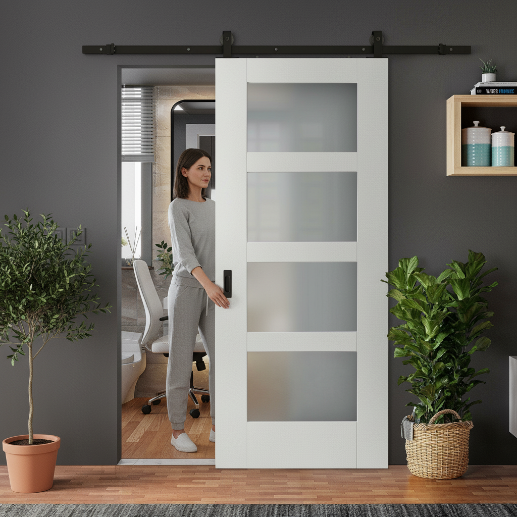 Premium Internal Sliding Door with 4 Light Obscure Glass Panels - Customizable White Finish for Modern Homes - Image 2