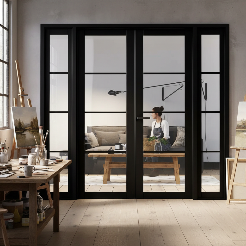 Premium Heavy Duty Room Divider with Clear Safety Glass, Black Finish, and Complete Assembly Kit for Elegant Space Separation