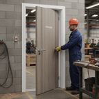 Premium Light Grey Laminate Fire Door with Solid Black Inlays, FD30 Fire Rating, and Low Maintenance Finish