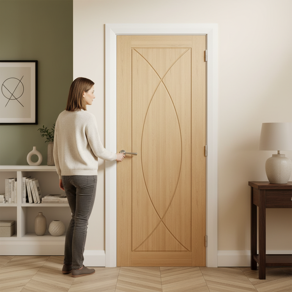 Premium Oak Interior Fire Door with Bevelled-Cut Design, FSC Certified and High-Density Core for Enhanced Safety and Aesthetics