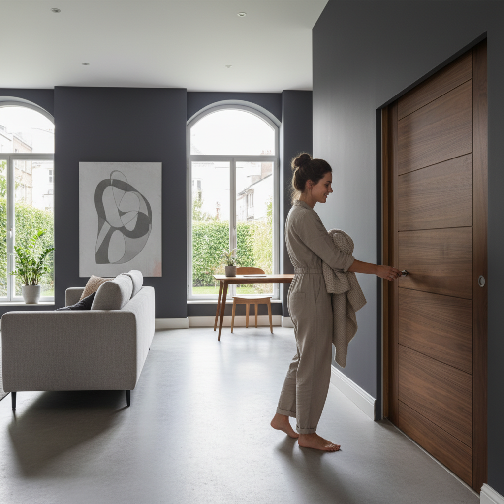 Premium Walnut Flush Pocket Door Set with No Bottom Track, 15-Year Guarantee, and Adjustable Doorstop Options