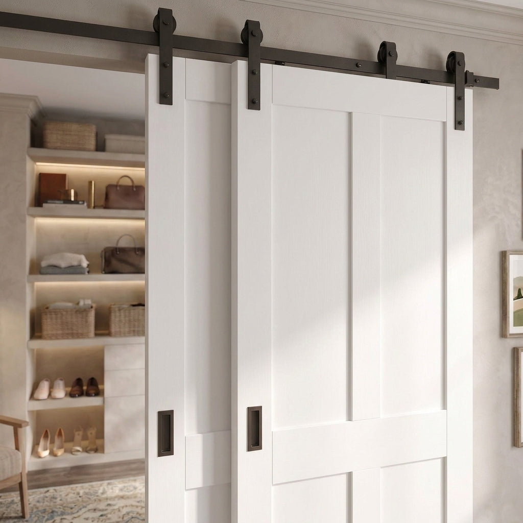 White Primed Victorian Shaker 4 Panel Bypass Sliding Internal Door - detail view